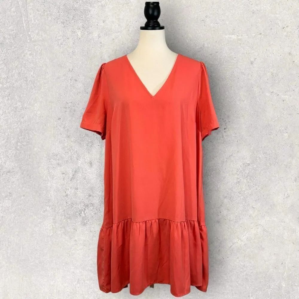 A New Day Orange V-Neck Dress Babydoll Swing Style Short Sleeve Ruffle Size XL